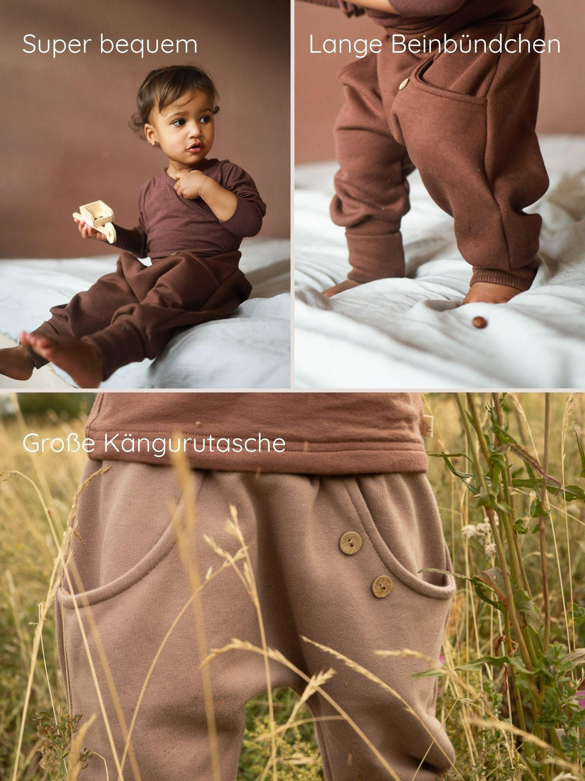 petit cochon Knickerbocker Bio-Sweathose in Schoko mit Kängurutasche, elastischen Bündchen und Kokosknöpfen