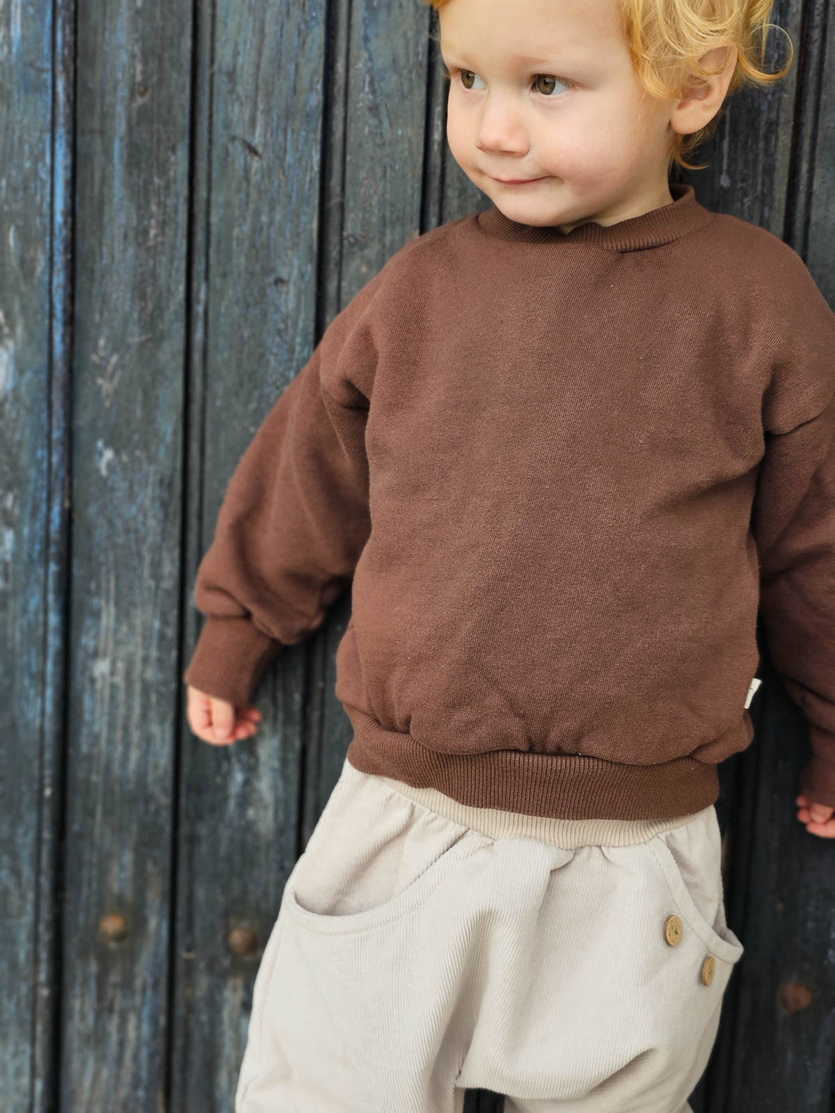 Pull doux en coton biologique certifié GOTS, couleur chocolat, de petit cochon, idéal pour la crèche, l’aire de jeux ou la maison.