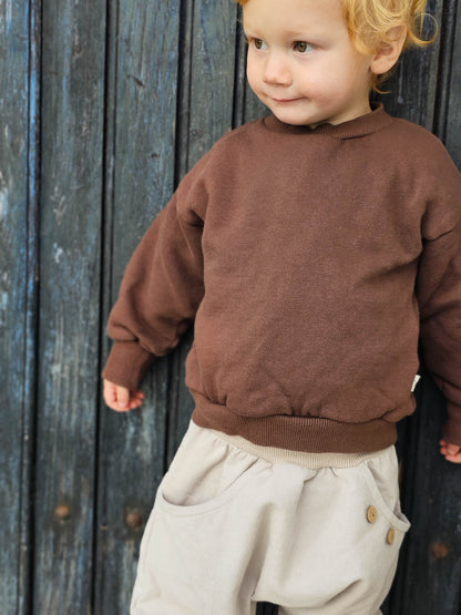 Pull doux en coton biologique certifié GOTS, couleur chocolat, de petit cochon, idéal pour la crèche, l’aire de jeux ou la maison.