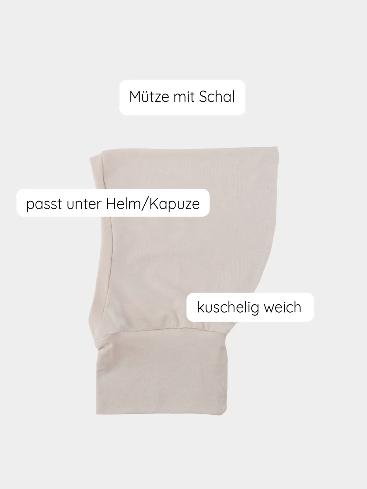 Schlupfmütze Kaschmir-Mix - Sand: Weiche, beige Kapuzenmütze mit integriertem Schal, elastisch und anschmiegsam, ideal unter Helmen oder Jacken, bietet zuverlässigen Schutz an kalten Tagen.