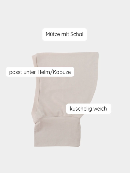 Schlupfmütze Kaschmir-Mix - Sand: Weiche, beige Kapuzenmütze mit integriertem Schal, elastisch und anschmiegsam, ideal unter Helmen oder Jacken, bietet zuverlässigen Schutz an kalten Tagen.