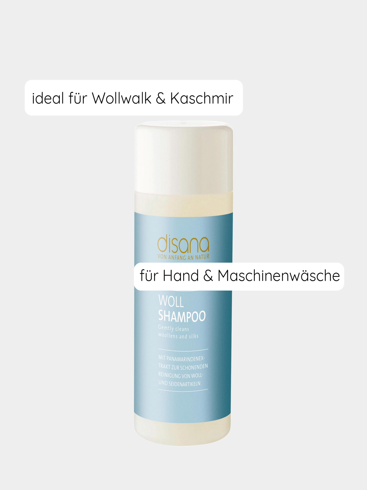 Istruzioni per l’uso dello shampoo per lana: si consiglia di lavare a mano i capi in lana con 5 ml di shampoo in 4 litri di acqua fredda.