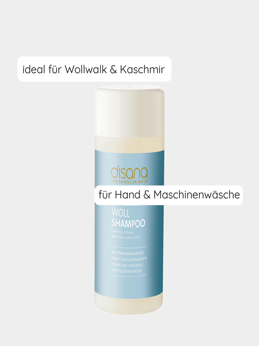 Anwendungshinweise für Wollshampoo: Empfehlung zur Handwäsche von Wollartikeln mit 5 ml Shampoo auf 4 Liter kaltem Wasser.