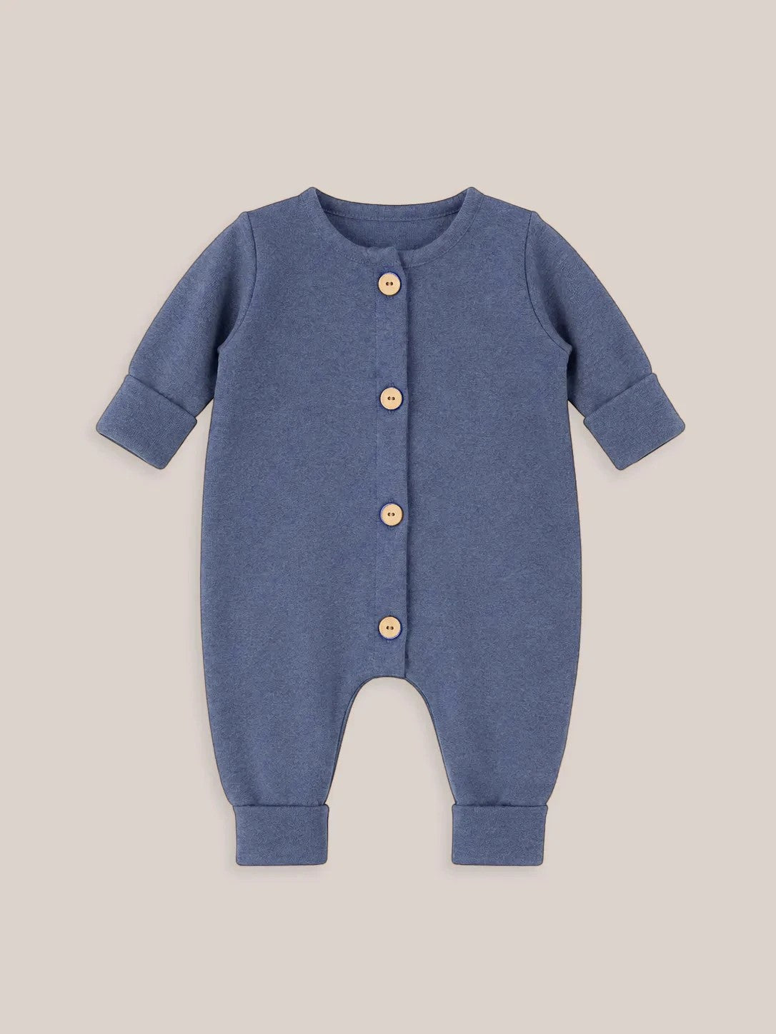 petit cochon Mini Overall aus blauem meliertem Feinstrick-Jersey mit Holzknöpfen für Babys