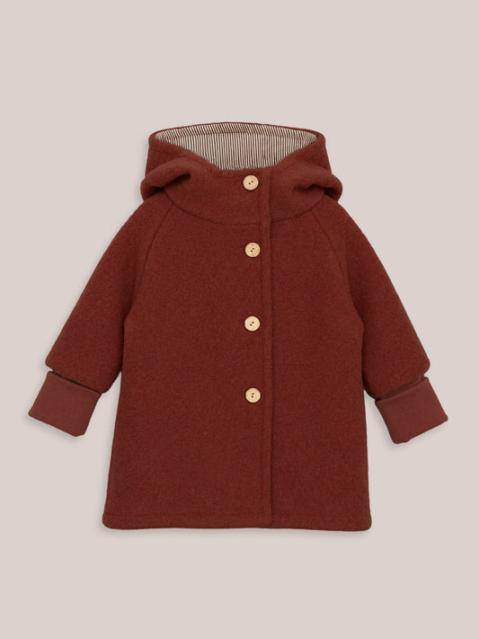 petit cochon Wichteljacke aus rostbraunem Wollwalk mit Bio-Jersey-Futter, Kapuze und Holzknöpfen für Kinder