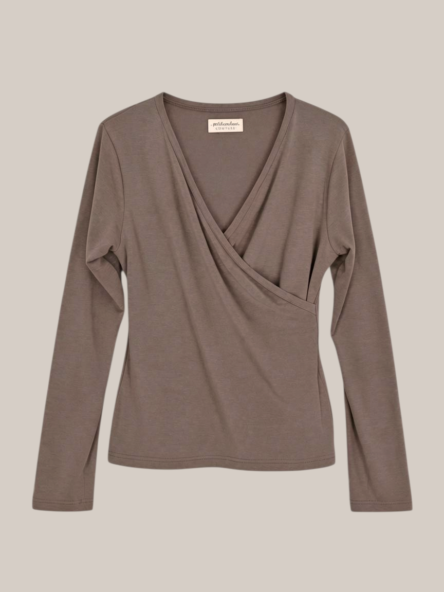 petit cochon Wickelshirt aus weichem Kaschmir-Modal-Mix in Taupe mit V-Ausschnitt und langen Ärmeln