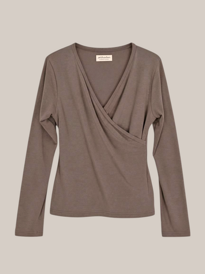 petit cochon Wickelshirt aus weichem Kaschmir-Modal-Mix in Taupe mit V-Ausschnitt und langen Ärmeln