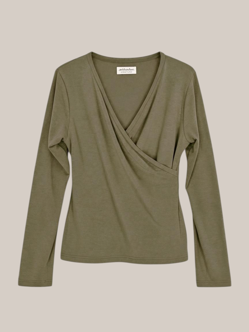 petit cochon Wickelshirt für Damen in Olivgrün aus weichem Kaschmir-Modal-Mix mit V-Ausschnitt
