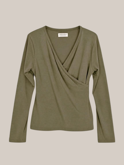 petit cochon Wickelshirt für Damen in Olivgrün aus weichem Kaschmir-Modal-Mix mit V-Ausschnitt