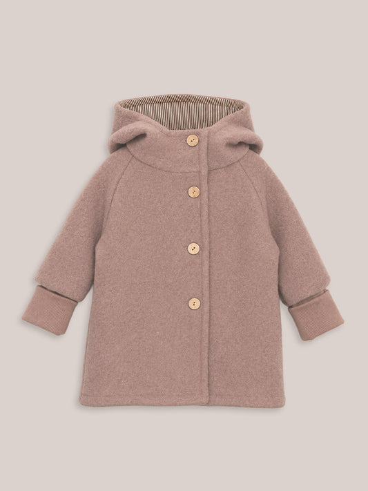 petit cochon Wichteljacke aus altrosa Wollwalk mit Kapuze, Bio-Jersey-Futter und Holzknöpfen für Kinder