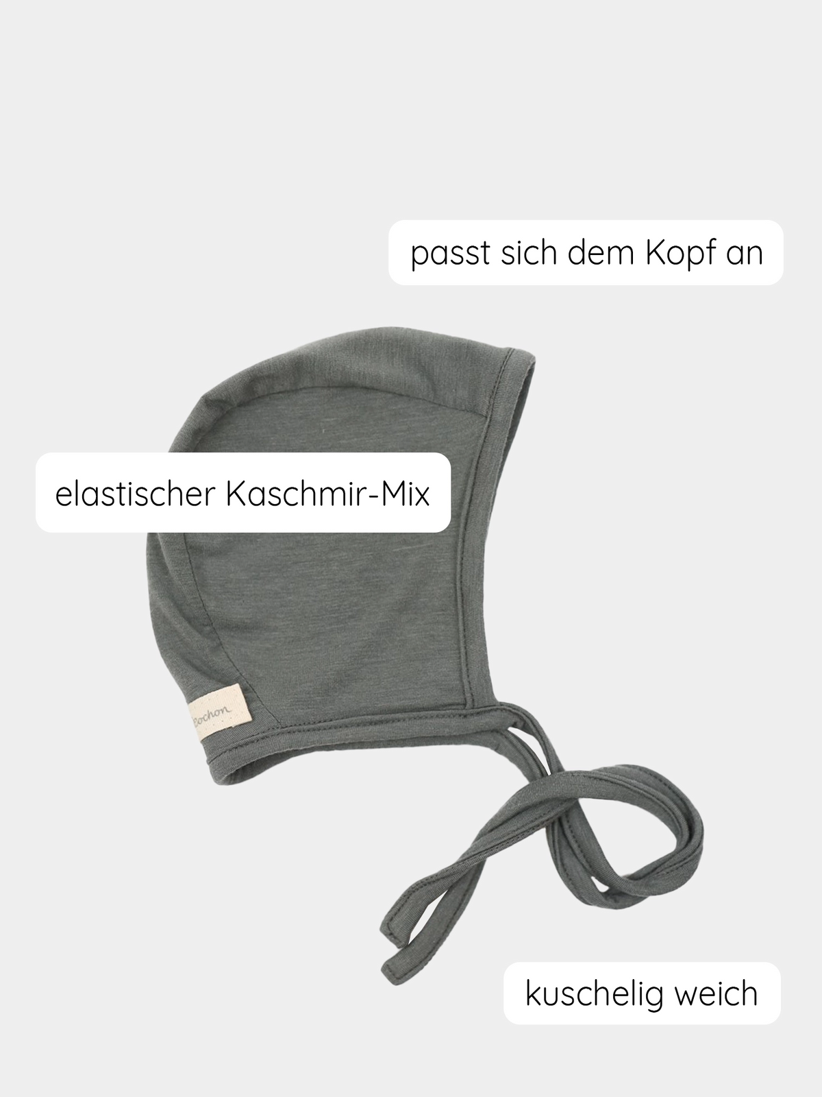 Babyhäubchen Kaschmir-Mix - Taube, handgefertigt in Berlin, passt perfekt zum Loopbody und zur Babyhose aus Kaschmir-Mix.